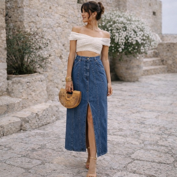 Cult Gaia Denim Midi Skirt Front Slit High Rise Blue Size 26 NWT - Picture 2 of 11